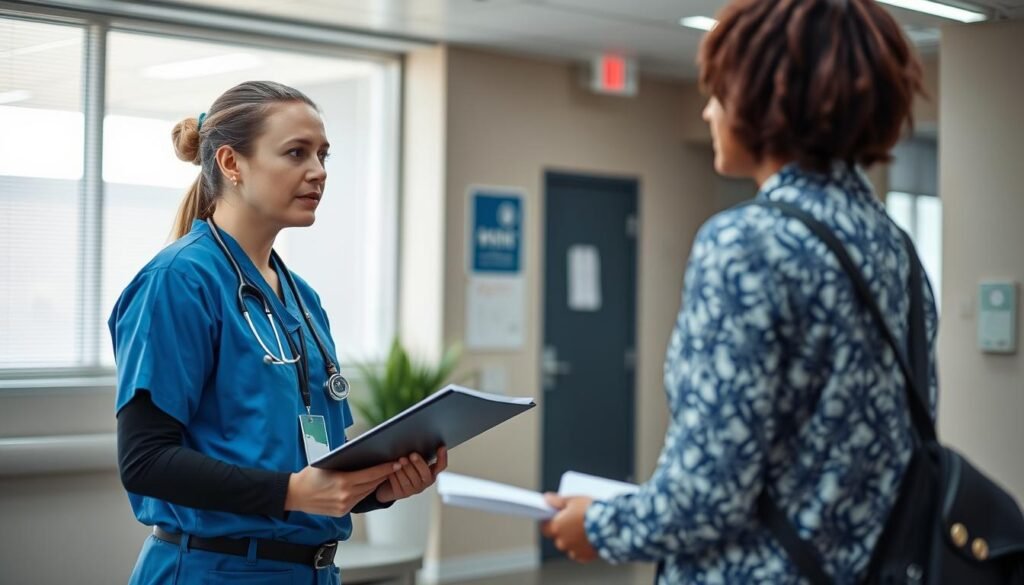 Medical courier answering questions from potential client