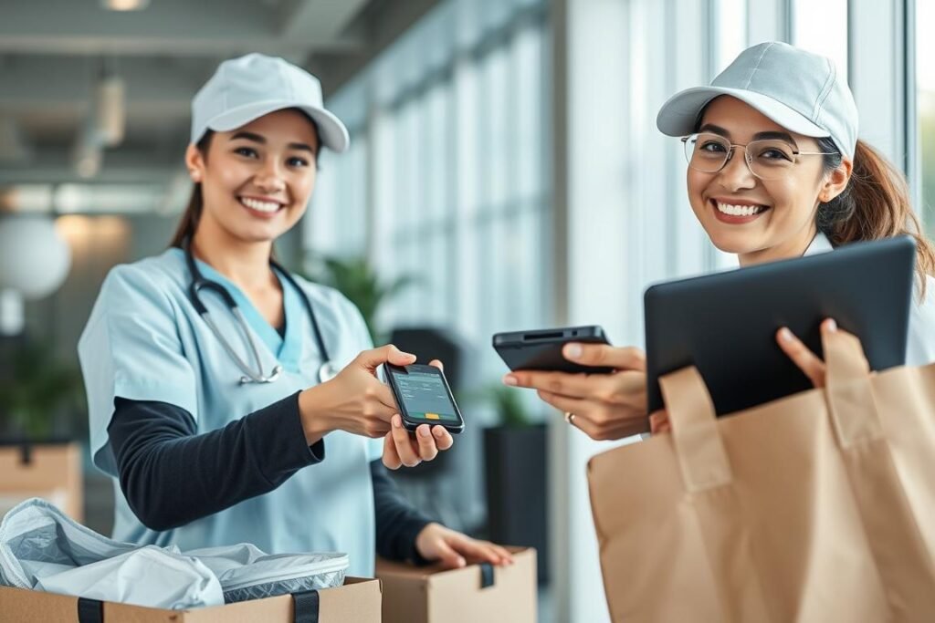 Medical courier receiving payment for delivery